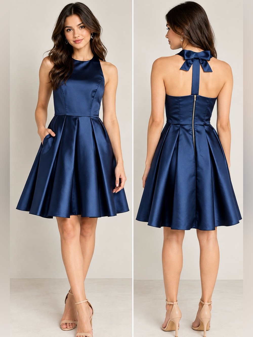 ERIN by Erin Fetherston Anthropologie Halter Dress Navy Satin Bow-Back Fit & Fla